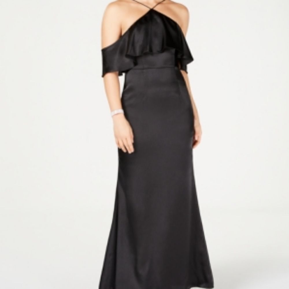 Adrianna Papell Satin Halter-Neck Cold-Shoulder Gown
